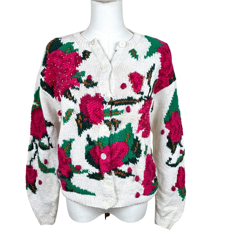 Vintage Cardigan Sz M Chunky Cottage Beaded Floral Maximalist Boho Granny Grunge
